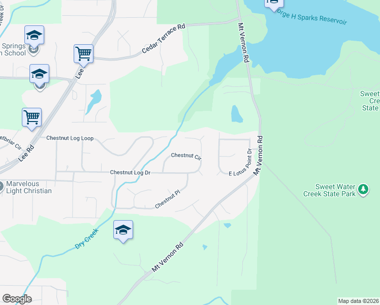 map of restaurants, bars, coffee shops, grocery stores, and more near 2098 Chestnut Circle in Lithia Springs