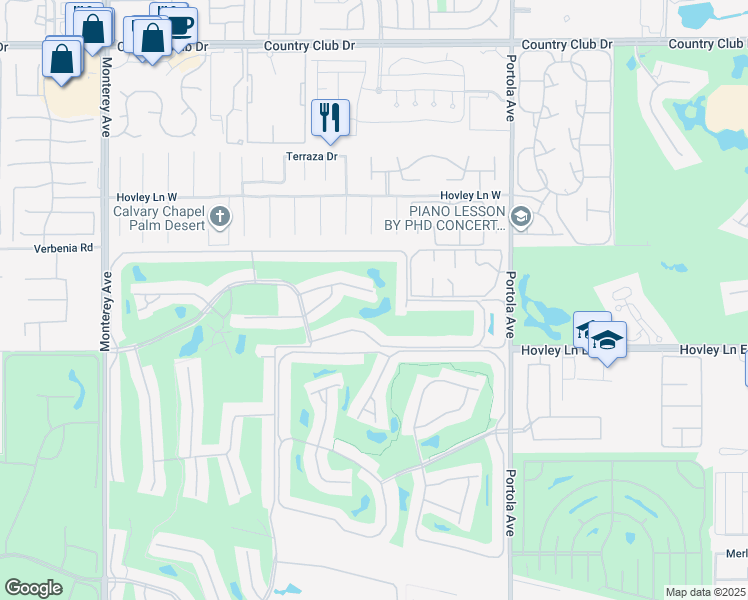 map of restaurants, bars, coffee shops, grocery stores, and more near 359 Villena Way in Palm Desert
