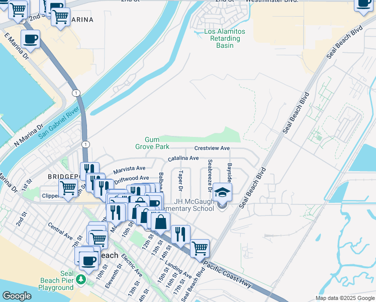 map of restaurants, bars, coffee shops, grocery stores, and more near 1435 Catalina Avenue in Seal Beach