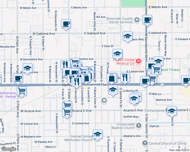 map of restaurants, bars, coffee shops, grocery stores, and more near 148 North Buena Vista Street in Hemet