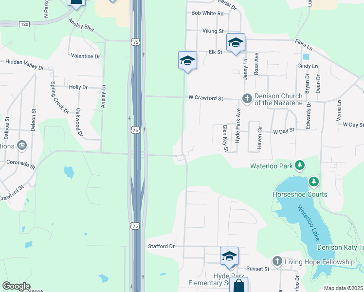 map of restaurants, bars, coffee shops, grocery stores, and more near 852 South Lillis Lane in Denison