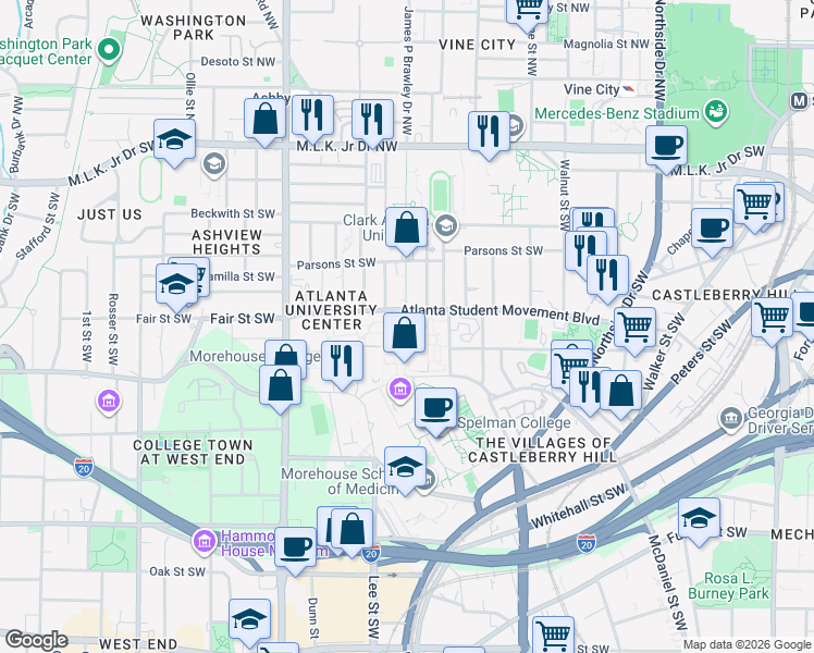 map of restaurants, bars, coffee shops, grocery stores, and more near 223 James P Brawley Drive Southwest in Atlanta