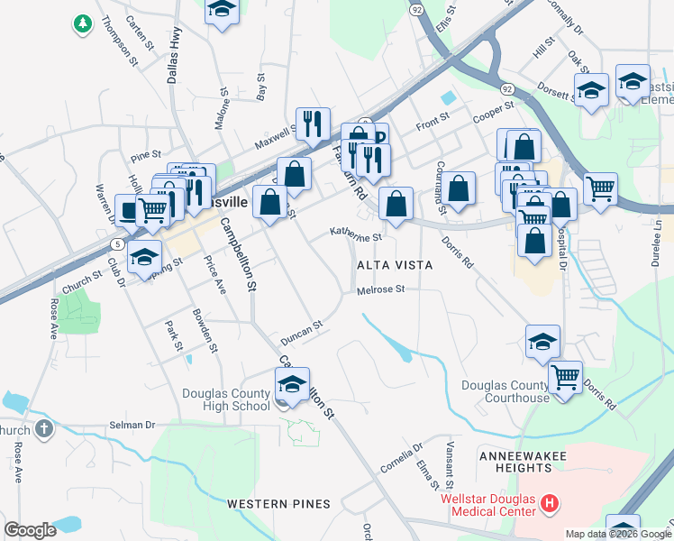 map of restaurants, bars, coffee shops, grocery stores, and more near 8516 Duncan Street in Douglasville