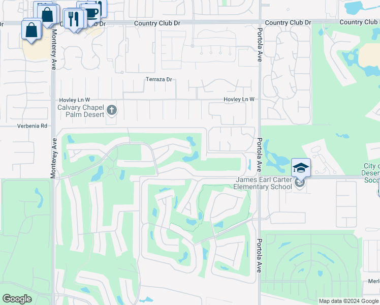 map of restaurants, bars, coffee shops, grocery stores, and more near 359 Villena Way in Palm Desert