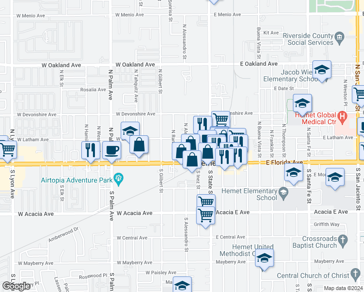 map of restaurants, bars, coffee shops, grocery stores, and more near 147 North Alessandro Street in Hemet