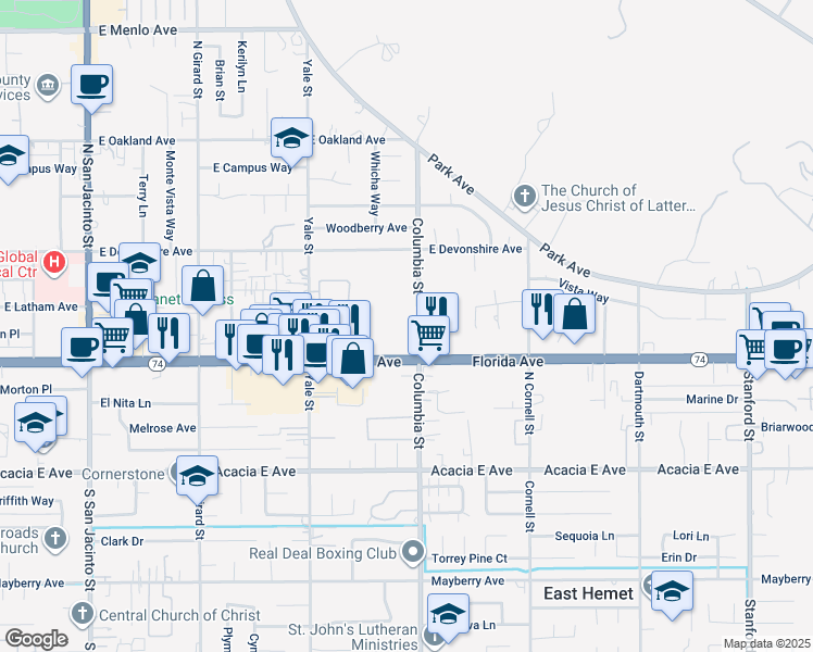 map of restaurants, bars, coffee shops, grocery stores, and more near 147 Columbia Street in Hemet