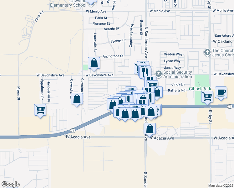 map of restaurants, bars, coffee shops, grocery stores, and more near D Street in Hemet