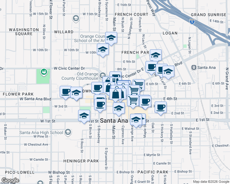map of restaurants, bars, coffee shops, grocery stores, and more near 421 North Main Street in Santa Ana