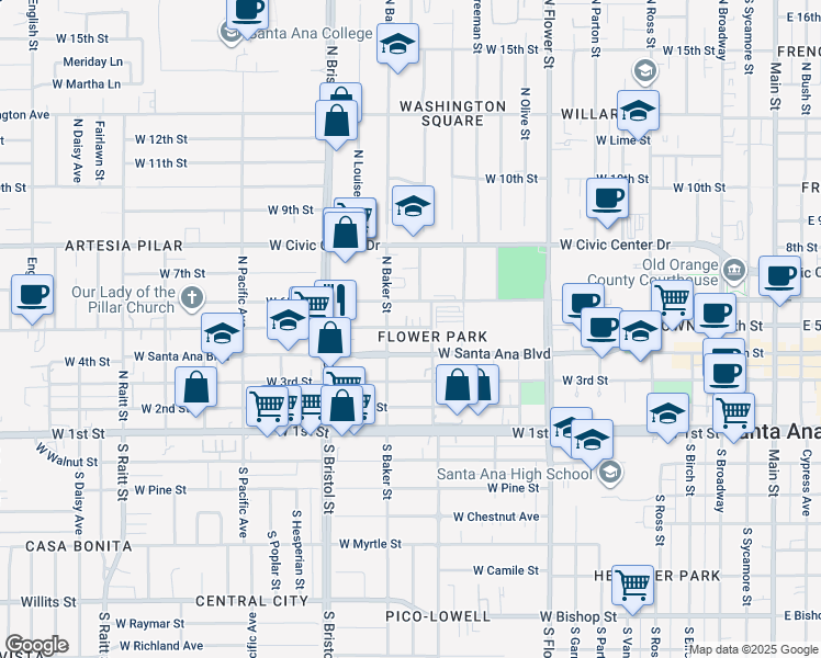 map of restaurants, bars, coffee shops, grocery stores, and more near 1111 West Santa Ana Boulevard in Santa Ana