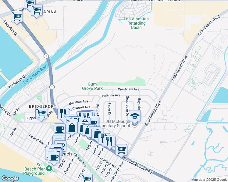 map of restaurants, bars, coffee shops, grocery stores, and more near 1435 Catalina Avenue in Seal Beach