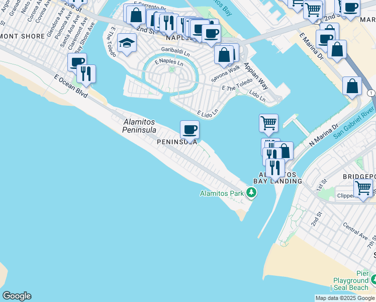 map of restaurants, bars, coffee shops, grocery stores, and more near 53 63rd Place in Long Beach