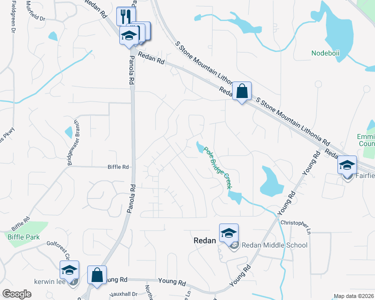 map of restaurants, bars, coffee shops, grocery stores, and more near 5588 Emerald Glen in Stone Mountain