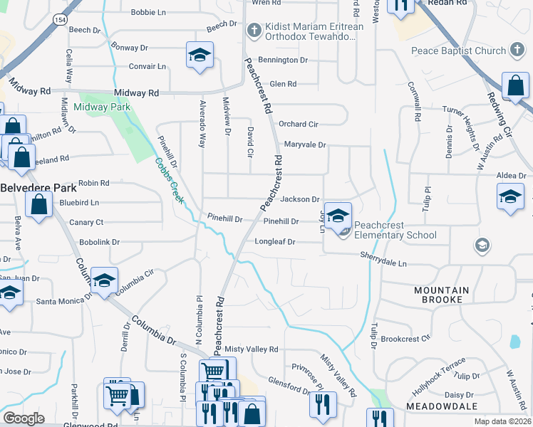 map of restaurants, bars, coffee shops, grocery stores, and more near 1514 Peachcrest Road in Decatur