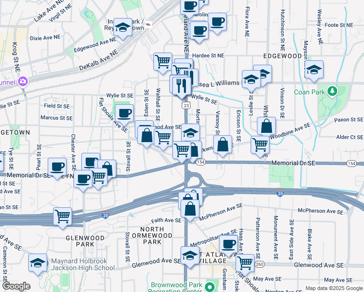 map of restaurants, bars, coffee shops, grocery stores, and more near 169 Moreland Avenue Southeast in Atlanta