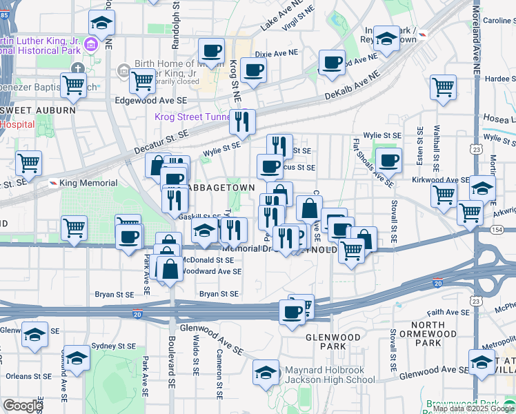 map of restaurants, bars, coffee shops, grocery stores, and more near 210 Estoria Street Southeast in Atlanta