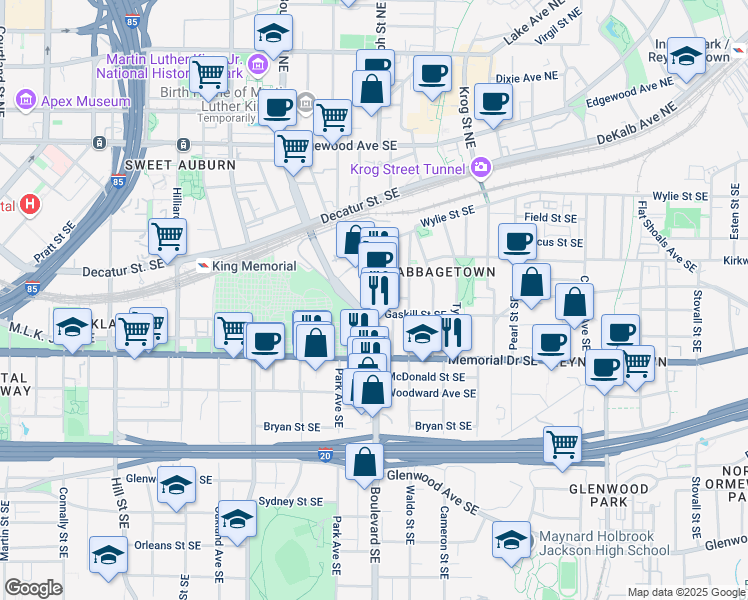 map of restaurants, bars, coffee shops, grocery stores, and more near in Atlanta