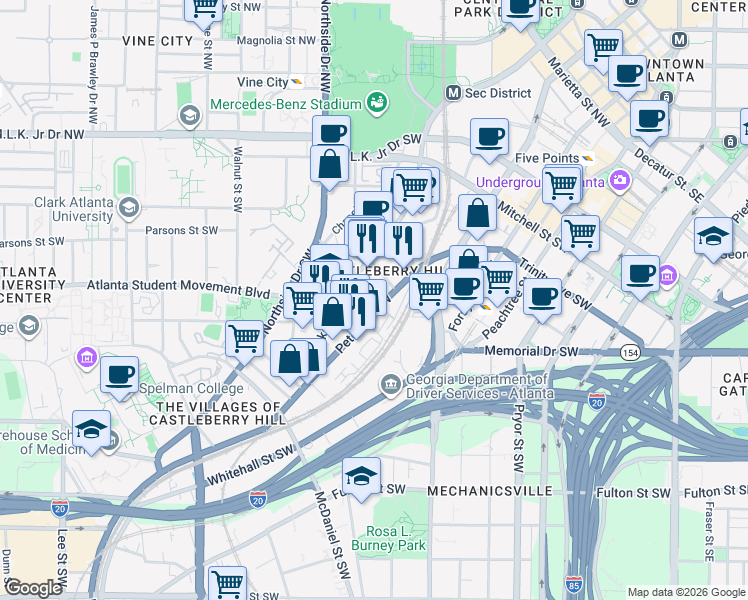 map of restaurants, bars, coffee shops, grocery stores, and more near 328 Fair Street Southwest in Atlanta