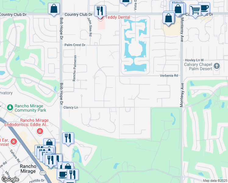 map of restaurants, bars, coffee shops, grocery stores, and more near 72420 Silver Spur Lane in Rancho Mirage