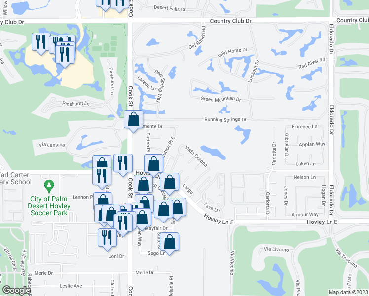 map of restaurants, bars, coffee shops, grocery stores, and more near 75235 Vista Corona in Palm Desert