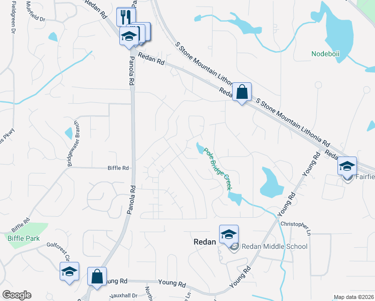 map of restaurants, bars, coffee shops, grocery stores, and more near 5588 Emerald Glen in Stone Mountain