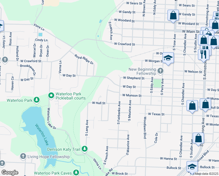 map of restaurants, bars, coffee shops, grocery stores, and more near 830 South French Avenue in Denison