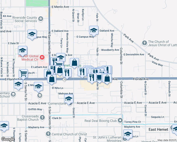 map of restaurants, bars, coffee shops, grocery stores, and more near 1908 East Florida Avenue in Hemet