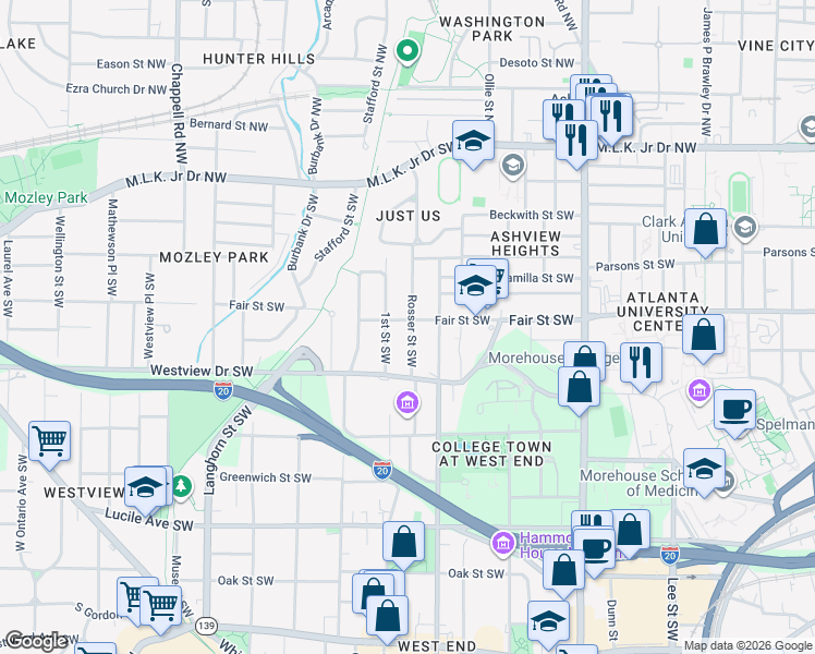map of restaurants, bars, coffee shops, grocery stores, and more near 237b Rosser Street Southwest in Atlanta