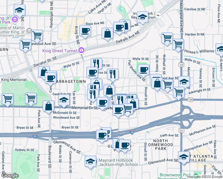 map of restaurants, bars, coffee shops, grocery stores, and more near 195 Chester Avenue Southeast in Atlanta