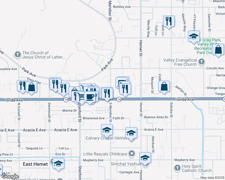 map of restaurants, bars, coffee shops, grocery stores, and more near 4111 Trevor Lane in Hemet
