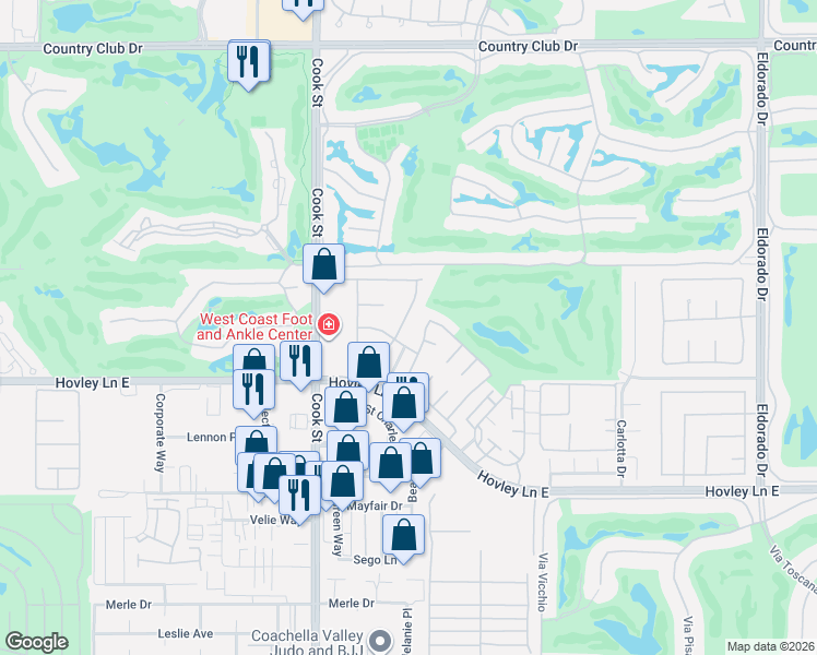 map of restaurants, bars, coffee shops, grocery stores, and more near 2 Sutton Place East in Palm Desert