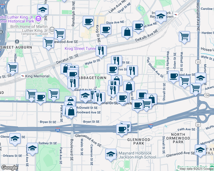 map of restaurants, bars, coffee shops, grocery stores, and more near 214 Estoria Street Southeast in Atlanta