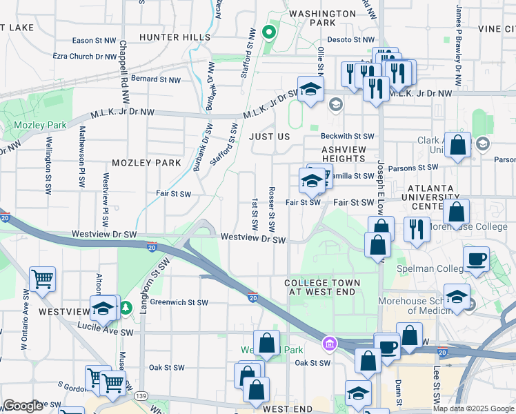map of restaurants, bars, coffee shops, grocery stores, and more near 237b Rosser Street Southwest in Atlanta