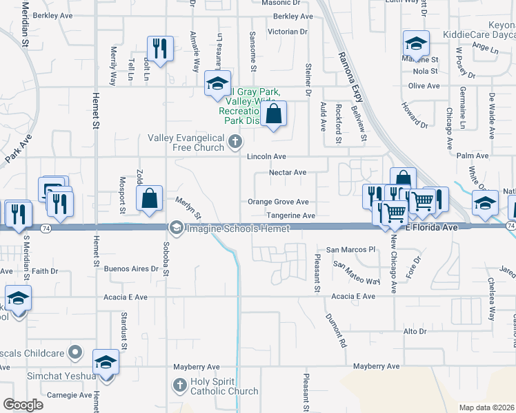 map of restaurants, bars, coffee shops, grocery stores, and more near 5451 Tangerine Avenue in Hemet
