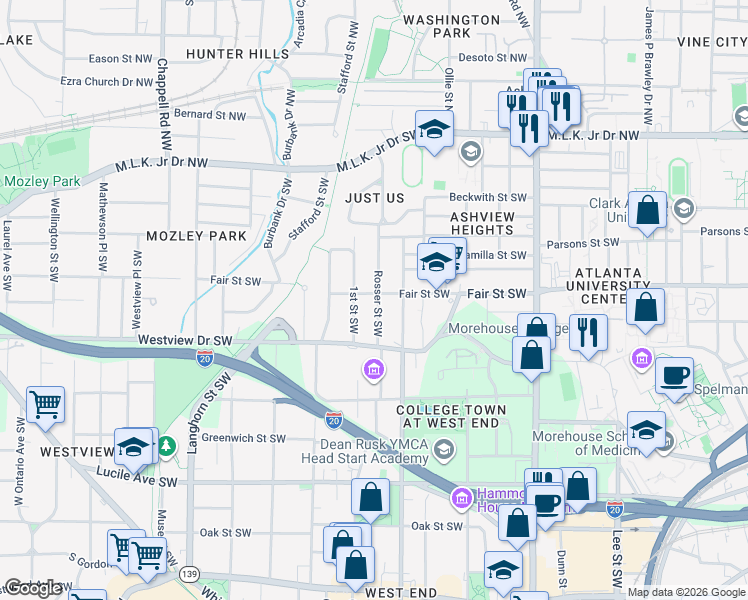 map of restaurants, bars, coffee shops, grocery stores, and more near 237b Rosser Street Southwest in Atlanta