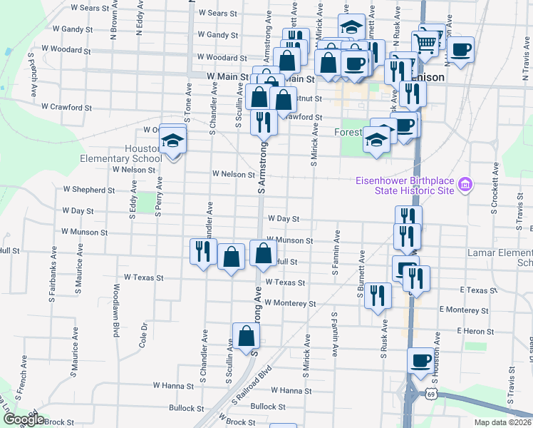 map of restaurants, bars, coffee shops, grocery stores, and more near 722 Doty Lane in Denison