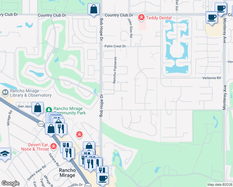 map of restaurants, bars, coffee shops, grocery stores, and more near 1 Via L' Antico in Rancho Mirage