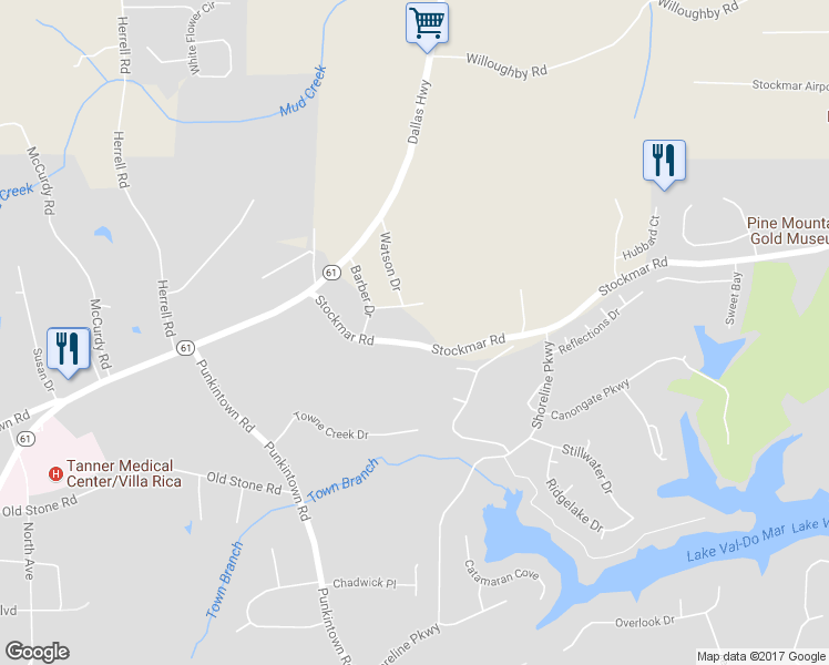 map of restaurants, bars, coffee shops, grocery stores, and more near 138 Stockmar Road in Villa Rica