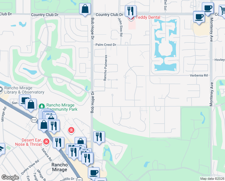 map of restaurants, bars, coffee shops, grocery stores, and more near 1 Via L' Antico in Rancho Mirage