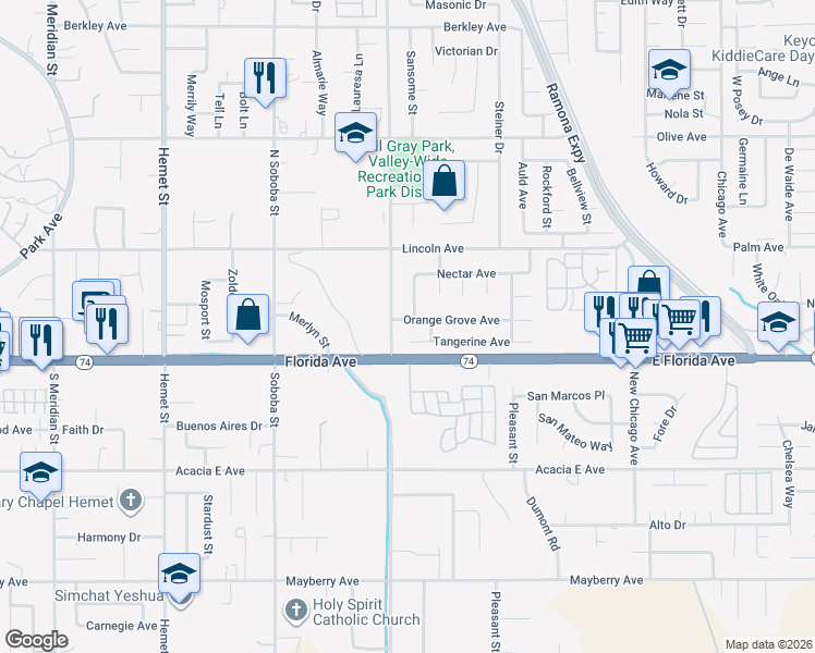 map of restaurants, bars, coffee shops, grocery stores, and more near 5371 Orange Grove Avenue in Hemet