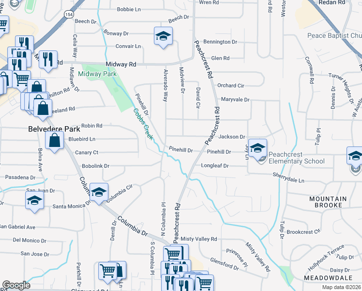 map of restaurants, bars, coffee shops, grocery stores, and more near 3340 Pinehill Drive in Decatur