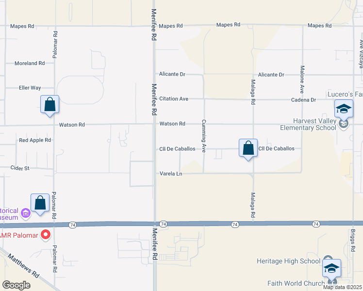 map of restaurants, bars, coffee shops, grocery stores, and more near 29136 Calle De Caballos in Menifee