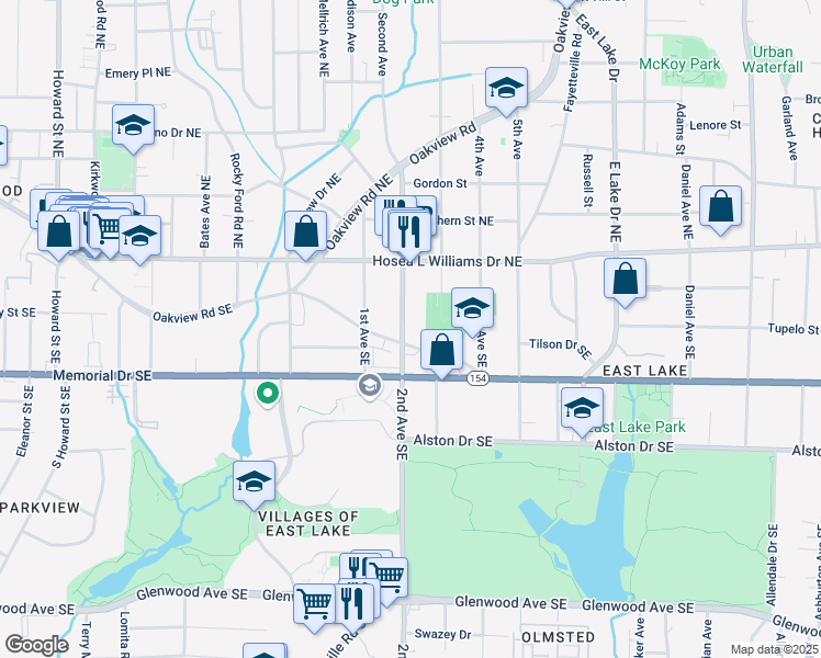 map of restaurants, bars, coffee shops, grocery stores, and more near 130 2nd Avenue Southeast in Atlanta
