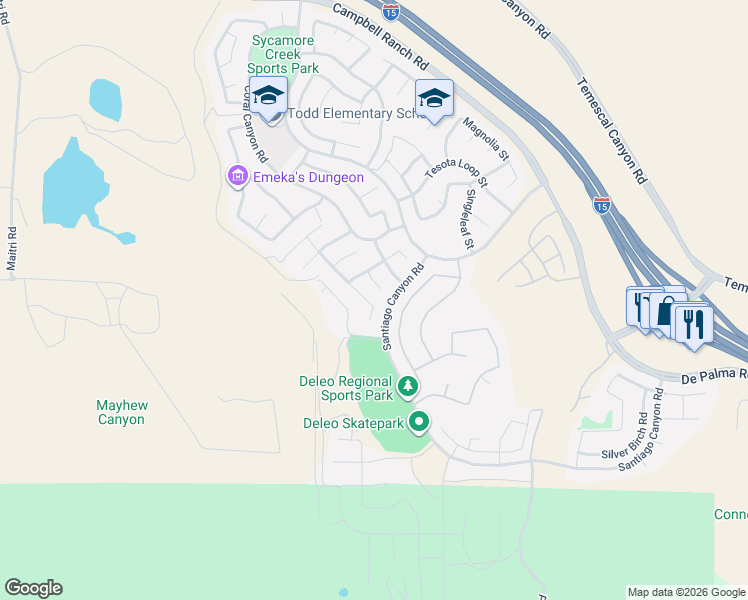 map of restaurants, bars, coffee shops, grocery stores, and more near 25574 Hyacinth St in Corona