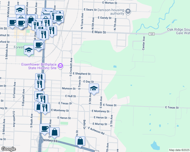map of restaurants, bars, coffee shops, grocery stores, and more near 515 East Day Street in Denison