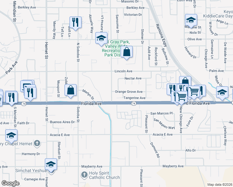 map of restaurants, bars, coffee shops, grocery stores, and more near 5371 Orange Grove Avenue in Hemet