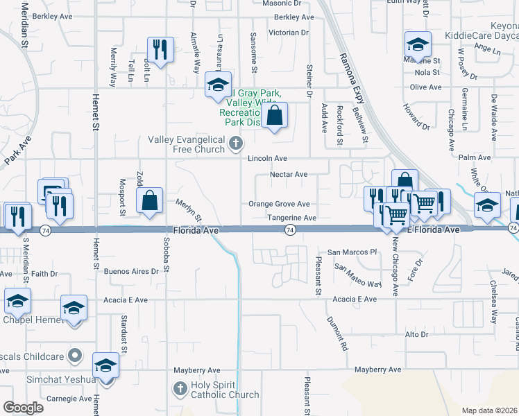 map of restaurants, bars, coffee shops, grocery stores, and more near 5419 Orange Grove Avenue in Hemet