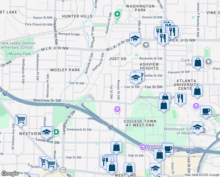 map of restaurants, bars, coffee shops, grocery stores, and more near 1160 Fair Street Southwest in Atlanta