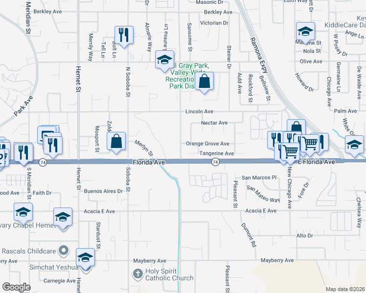 map of restaurants, bars, coffee shops, grocery stores, and more near 5323 Orange Grove Avenue in Hemet
