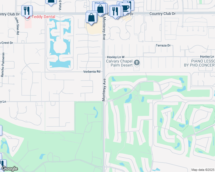 map of restaurants, bars, coffee shops, grocery stores, and more near 76375 Country Club Drive in Palm Desert