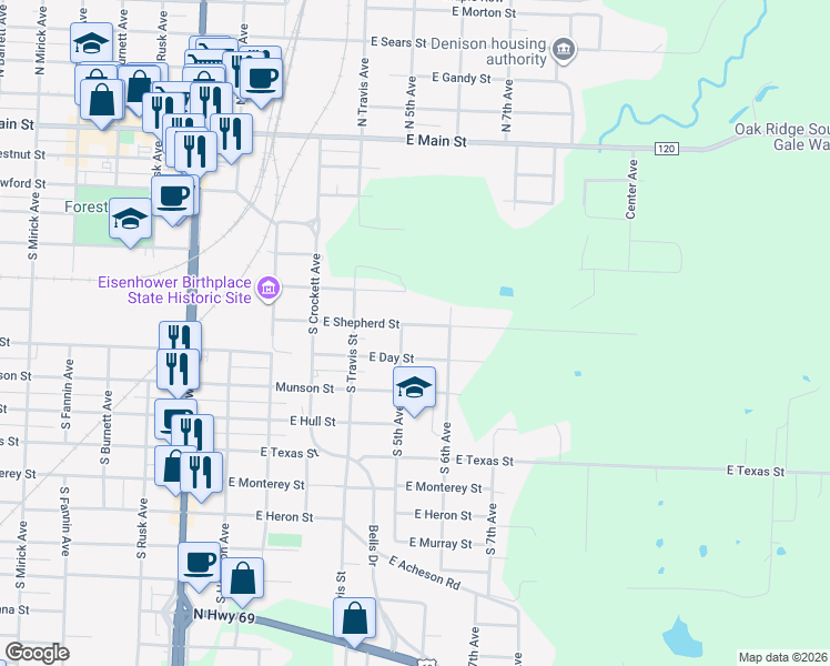 map of restaurants, bars, coffee shops, grocery stores, and more near 515 East Day Street in Denison